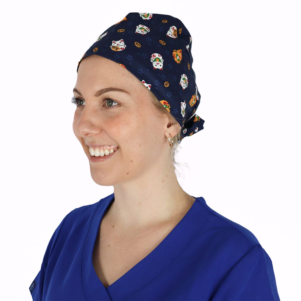 Fit Right Medical Scrubs Medical Scrub Cap in Navy Cat Print